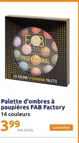 eb  tor  professional  essional make u ogmeva hace  14-colour eyeshadow palette  palette d'ombres à paupières fab factory 14 couleurs  3.99⁹  306.92/kg  consulter 