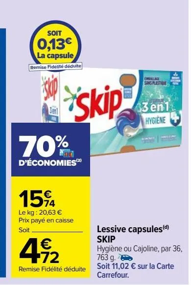 Promo Skip lessive capsules 3 en 1(d) chez Carrefour Market