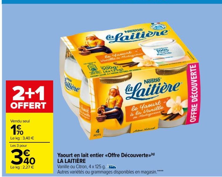 Yaourt en lait entier «Offre Découverte» LA LAITIÈRE