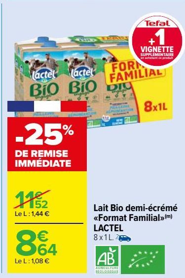 Lait Bio demi-écrémé «Format Familial» LACTEL