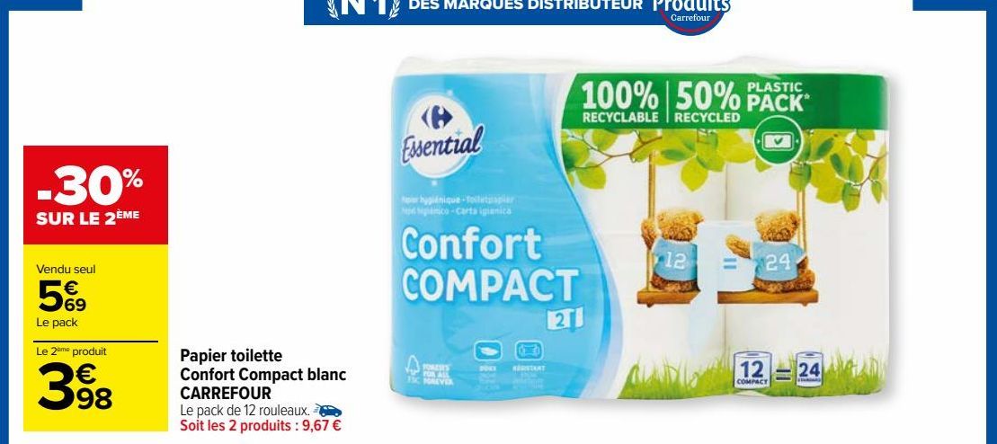 Papier toilette Confort Compact blanc CARREFOUR