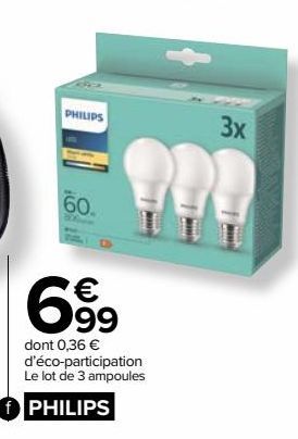 Lot de 3 ampoules Philips E27, forme standard 60W