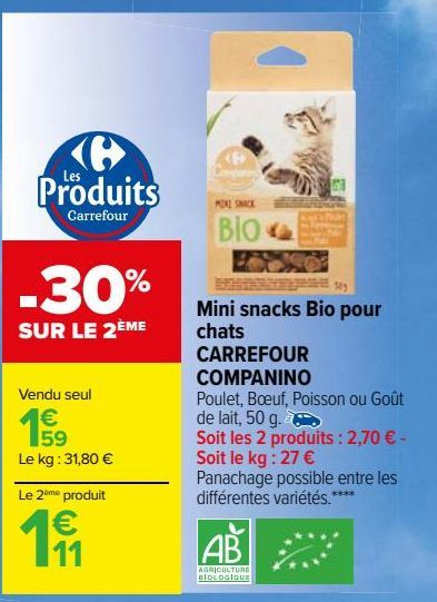 Mini snacks Bio pour chats CARREFOUR COMPANINO