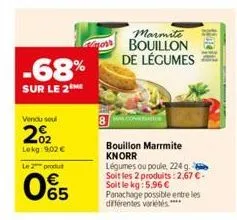 -68%  sur le 2  vendu seul  2%2  lokg: 9.02 €  le 2 produ  065  marmite bouillon de légumes  8.comra  bouillon marrmite knorr  légumes ou poule, 224 g. soit les 2 produits: 2,67 €. soit le kg: 5.96 € 