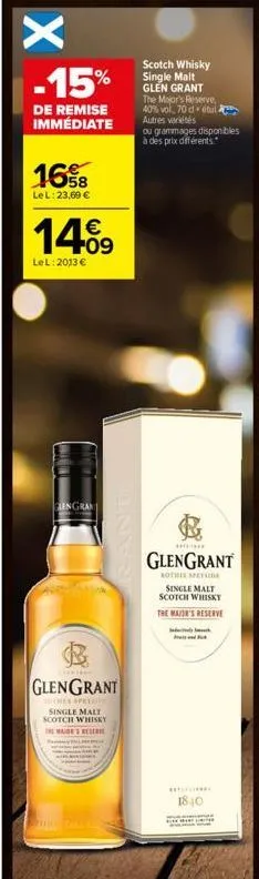 x  -15%  de remise immédiate  1658  le l: 23,69 €  €  14.09  lel: 2013 €  lengran  glengrant  suther spets single malt scotch whisky the nor's reser  scotch whisky single malt glen grant the major's r