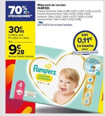 70%  d'économies  30%  le mega pack prix payé en caisse soit  €  9988  28  remise fidélité déduite  4  méga pack de couches pampers  premium protection: tailles 4 (x88), 2(x111), 3 x111, 5x76) ou 6(x7