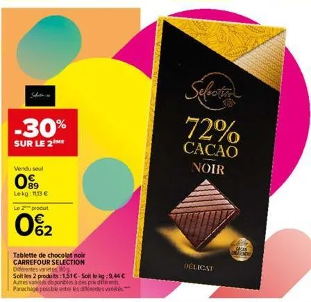 vendu seul  09  -30%  sur le 2ème  lekg: 11,13 €  le 2 produit  0%2  tablette de chocolat noir carrefour selection  différentes variétés, 80g  soit les 2 produits: 1,51 €-soit le kg:9,44 € autres vare