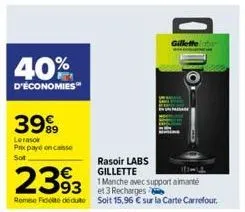 40%  d'économies  3999  89  lerasoir prix payé on casse sot  rasoir labs gillette  2393  1 manche avec support aimanté  et 3 recharges  remise fidelite dédute soit 15,96 € sur la carte carrefour,  odo