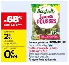 -68%  sur le 2 me  vondu seul  2  le sachet lekg: 14.83€  le 2 produ  0%9  bonduelle jeunes pousses  jeunes pousses bonduelle  le sachet de 145 g  soit les 2 produits: 2,84 €- soit le kg: 9,79 €  exis