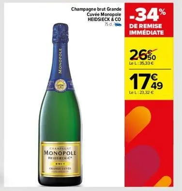 61  monopole  champagne brut grande cuvée monopole heidsieck & co  e  champagne  monopole heidsieck-c  bhut grande cuver  -34%  75dde remise immédiate  26%  le l: 35,33 €  1749  le l: 23,32 € 