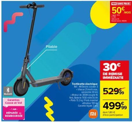 tooth  Garanties Casse et Vol  AN-RÉPARÉE REMBOURSÉE  Pliable  Trottinette électrique Re: Mi Electric scooter 3 Vitesse 25 km/h max autonomie 30 km  -Moteur de 300W (couple 16 Nml, Batterie 7650 mAh/7