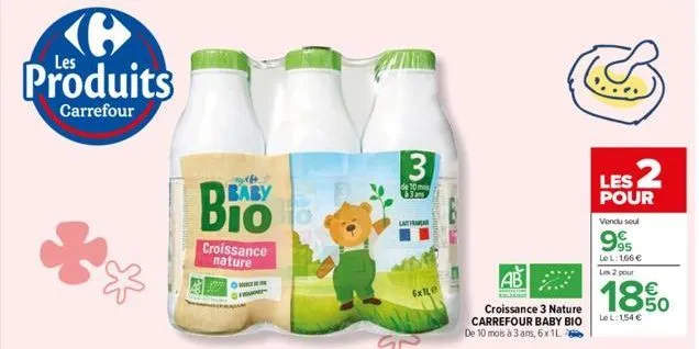 produits  carrefour  &  baby  croissance nature  3  de 10 mois 3am  lat  ab  solin  croissance 3 nature carrefour baby bio de 10 mois à 3 ans, 6x 1l  les 2  pour  vendu seul  995  le l: 166 € les 2 po