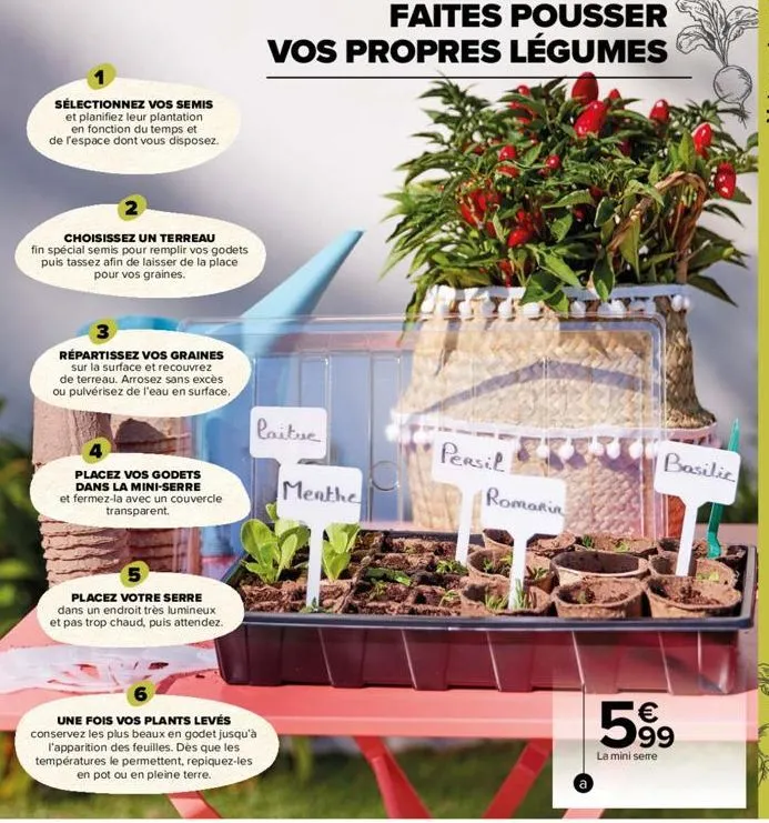 sélectionnez vos semis  et planifiez leur plantation en fonction du temps et de l'espace dont vous disposez.  choisissez un terreau fin spécial semis pour remplir vos godets puis tassez afin de laisse