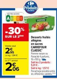 NUTRI-SCORE  A  -30%  SUR LE 2 ME  Vendu seul  95  Le kg: 184 €  Le 2 produit  2%  Ke  Produits  Car  POMME  Desserts fruités allégées en sucres CARREFOUR CLASSIC Pomme nature ou Panache 4 parfums, 16