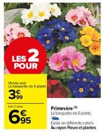 LES 2  POUR  Vendu seul La barquette de 6 plants  3999  Les 2 pour  695  Primevère (2) La barquette de 6 plants.  Existe en différents coloris. Au rayon Fleurs et plantes 