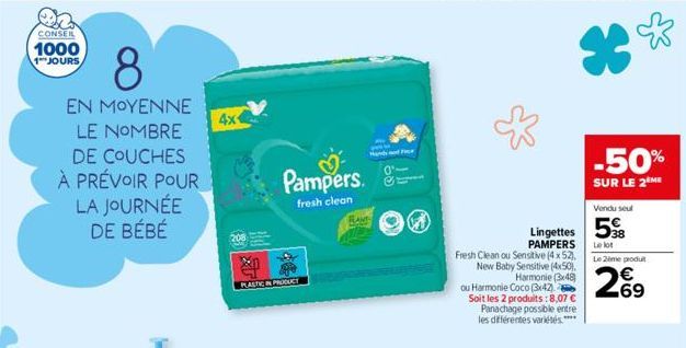 CONSEIL  1000  1 JOURS  8  EN MOYENNE  LE NOMBRE  DE COUCHES  À PRÉVOIR POUR LA JOURNÉE DE BÉBÉ  4x1  Pampers.  fresh clean  PLASTIC IN PRODUCE  RAM  Hands and F  0'1  Lingettes PAMPERS Fresh Clean ou