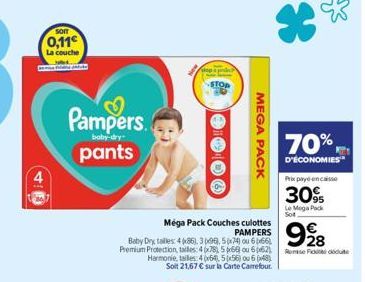 som  0,11€  La couche  Pampers. pants  boby-dry  Méga Pack Couches culottes  Baby Dry alles 4,986, 31989, 5 PAMPERS 9%8  Remise Fit  Premium Protection, tales: 4 x78), 568 ou 6p62) Harmonie, tales: 4p