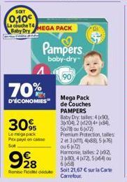 70%  D'ÉCONOMIES  SOIT  0,10€ La couche T4  Baby Dry MEGA PACK  30% Lemege pack Prix pay en casse Sot  928  Pampers  baby-dry-