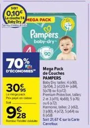 70%  d'économies  soit  0,10€ la couche t4  baby dry mega pack  30% lemege pack prix pay en casse sot  928  pampers  baby-dry-