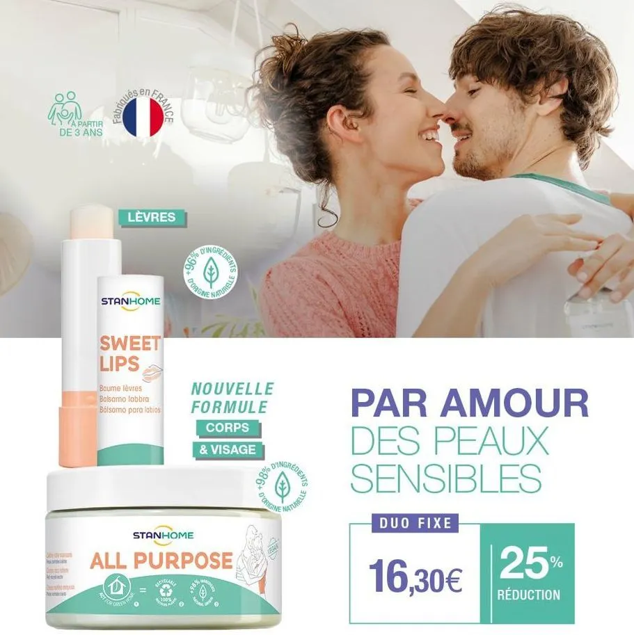 ton  d  med  a partir  de 3 ans  fabriqués  lèvres  stanhome  france  sweet lips  act for  baume lèvres balsamo labbra bálsamo para labios  home  green fron  stanhome  dingredients  %96*  +  100%  d'o