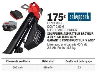 vitesse de soufflerie  200 km/h  pedags  175€ scheppach  l'ensemble dont 2,50 € d'éco-participation souffleur aspirateur broyeur  3 en 1 batterie 40 v  garantie constructeur 5 ans* livré avec une batt