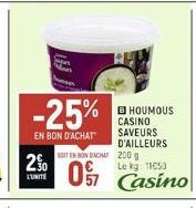 -25%  EN BON D'ACHAT  20 0917  L'UNITÉ  SOIT EN BON DACHAT 200 g  BHOUMOUS CASINO SAVEURS D'AILLEURS  Le kg 11€53  Casino 