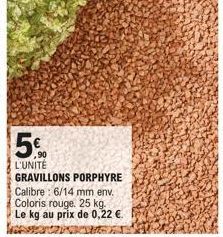 5%  L'UNITÉ GRAVILLONS PORPHYRE Calibre: 6/14 mm env. Coloris rouge. 25 kg. Le kg au prix de 0,22 € 