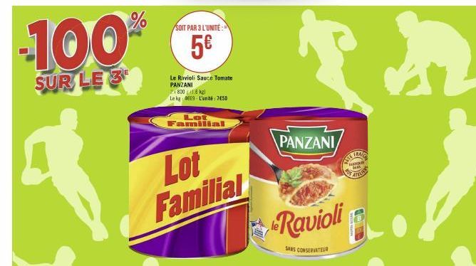 100  SUR LE 3  q  %  SOIT PAR 3 L'UNITÉ  5€  Le Ravioli Sauce Tomate PANZANI 2.800  kg  Le kg 4669 L'unité: 750  Lot Familial  Lot Familial  PANZANI  Ravioli  SANS CONSERVATEUR  in  upan  NA  ATTUA  B