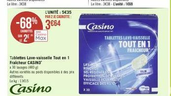 -68%  CANOTTES  2 Max  L'UNITÉ : 5€35 PAR 2 JE CAGNOTTE:  3664  Tablettes Lave-vaisselle Tout en 1  Fraicheur CASINO  x 30 lavages (480 g)  Autres varetes ou poids disponibles à des pra différents  Le