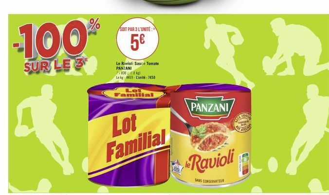 100  SUR LE 3  q  %  SOIT PAR 3 L'UNITÉ  5€  Le Ravioli Sauce Tomate PANZANI 2.800  kg  Le kg 4669 L'unité: 750  Lot Familial  Lot Familial  PANZANI  Ravioli  SANS CONSERVATEUR  in  upan  NA  ATTUA  B