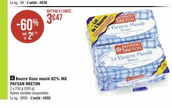 -60% #25*  SOIT PAR 2 L'UNITÉ:  3647  A Beurre Doux moulé 82% MG PAYSAN BRETON  2x 250 g (500g)  Autres variétés disponibles  Le kg: 990-L'unité: 4€95  de 2 Beurres GLENE PLACUTATION  paysan BRETON  e