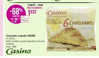 2  L'UNITÉ : 1694 PAR 2 JE CAGNOTTE:  -68% 1632  CANTES  Max  Croissants surgelés CASINO x6 (330)  Autres variés au poids disponibles à des prix differents  Le kg: 5E88  Casino  330g  Casino  6 Croiss