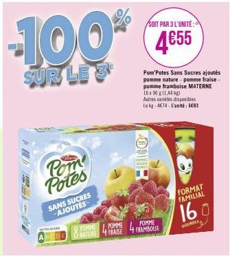 -100*  SUR LE 3  Pom Potes  SANS SUCRES -AJOUTES  AUTHSCORE  POHME NATURE  4 POMME  SOIT PAR 3 L'UNITÉ:  4€55  Pom'Potes Sans Sucres ajoutés pomme nature - pomme fraise-pomme framboise MATERNE 16x90 g