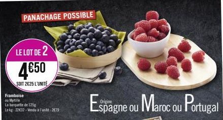 LE LOT DE 2  4€50  SOIT 2625 L'UNITÉ  PANACHAGE POSSIBLE  Framboise  ou Myrtille  La barquette de 125g Le kg: 22€32-Vendu à l'unité: 279  Espagne ou Maroc ou Portugal 