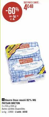 -60% 2⁹"  2 Beurer  DREAST CLIC  SOIT PAR 2 L'UNITÉ:  4€48  wirion  Bacton  Beurre Moule  paysan BRETON  Le Beurre Moule  Dece  A Beurre Doux moulé 82% MG PAYSAN BRETON  2x 250 g (500 g)  Autres varié