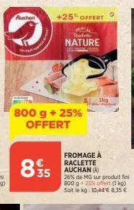 auchan  me  835  800 g + 25% offert  +25% offert  ricette  nature  1kg  fromage à raclette auchan (a)  26% de mg sur produit fini 800 g 25% offert (1 kg) soit le kg: 10,44 € 8,35 € 