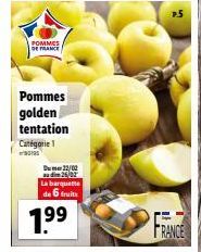 POMMES DE FRANCE  Pommes golden tentation  Catégorie 1  Du 22/00 audim 26/02 La barquette  de 6 fruits  1.⁹⁹  FRANCE 