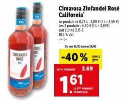 TIRFANDEL ROSE  JOSE  Cimarosa Zinfandel Rosé California  22/02 28/02  Le produit de 0,75 L: 2,69 € (1-3,59 €) Les 2 produits: 4,30 € (1 L-2,87€) soit l'unité 2,15 € 10,5% Vol.  -40%  LE-PRODUIT 2.69 