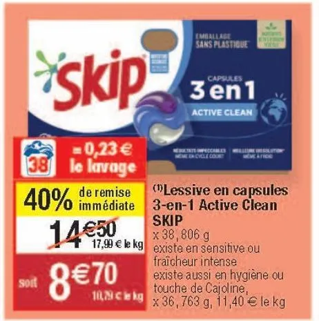 lessive en capsules 3-en-1 active clean skip