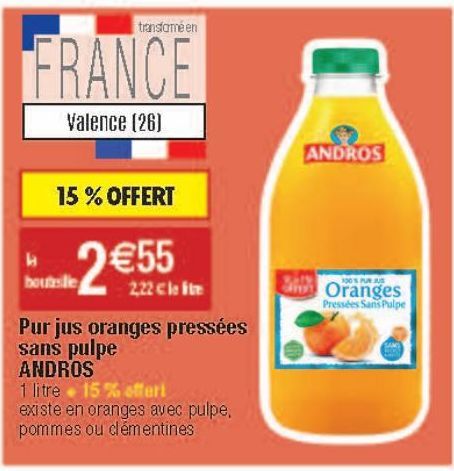 Pur jus orange pressées sans pulpe Andros