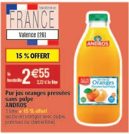 pur jus orange pressées sans pulpe andros