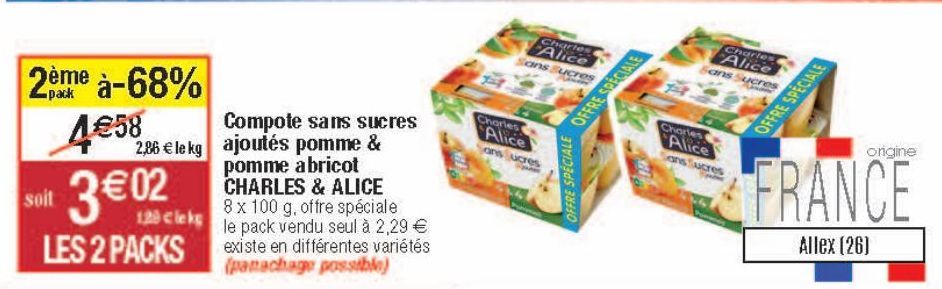 Compote sans sucres ajoutés pomme & pomme abricot Charles & Alice