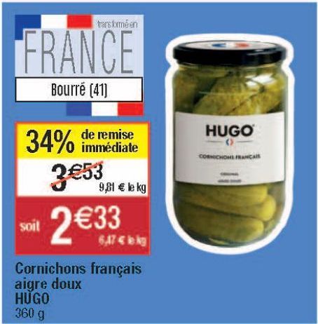 Cornichons français aigre doux Hugo