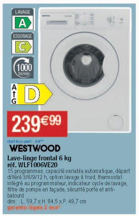 Lave-linge frontal 6kg Westwood