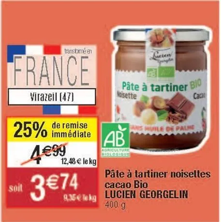 pâte à tartiner noisettes cacao bio lucien georgelin