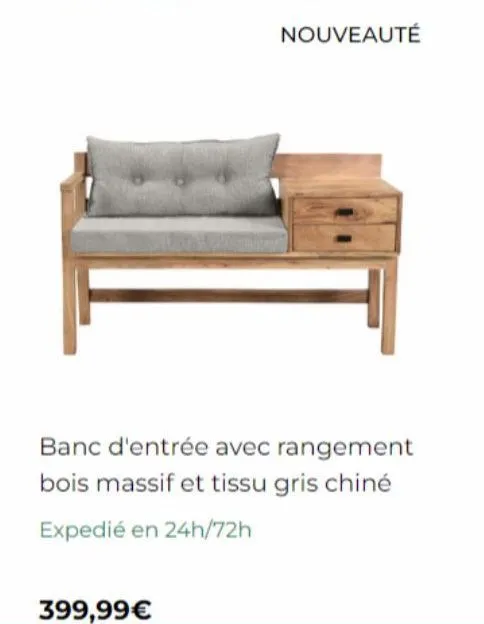 nouveauté  banc d'entrée avec rangement bois massif et tissu gris chiné expedié en 24h/72h  399,99 €  