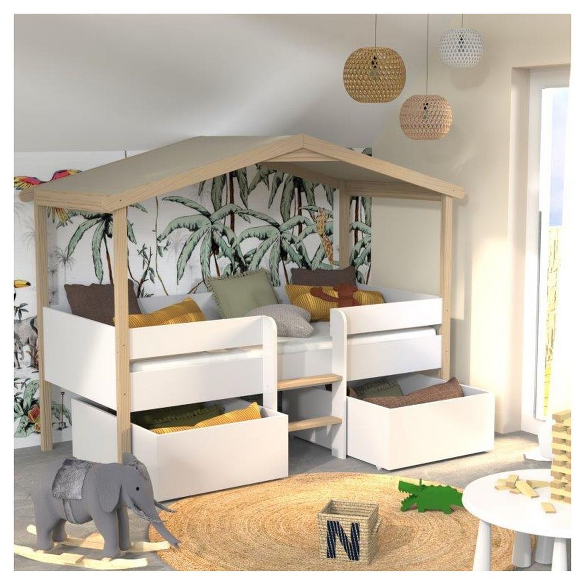 LIT CABANE ENFANT 90 X 190 CM AVEC SOMMIER + 2 TIROIRS TOTEM