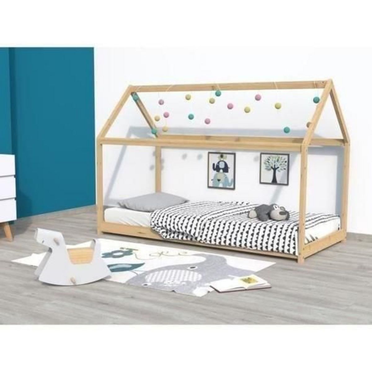 LIT CABANE EN BOIS MASSIF 90 X 190 CM AVEC SOMMIER + BARRIÈRE DE LIT LOUIS