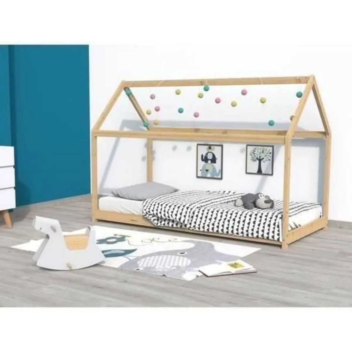 lit cabane en bois massif 90 x 190 cm avec sommier + barrière de lit louis