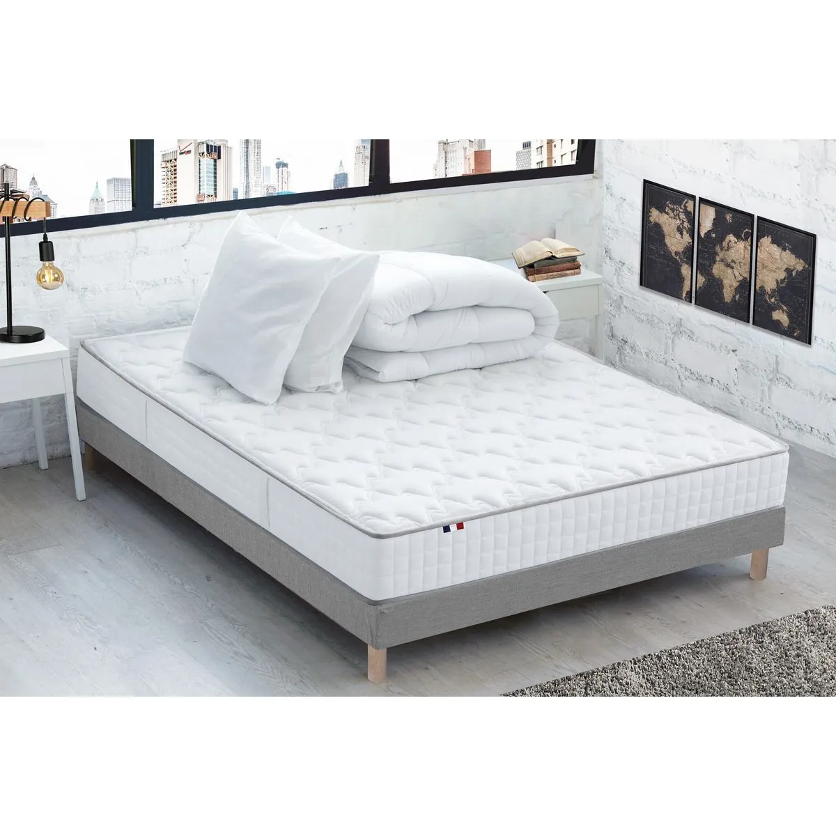 ensemble literie prêt à dormir paul 140x190 cm : matelas + sommier + couette + oreillers